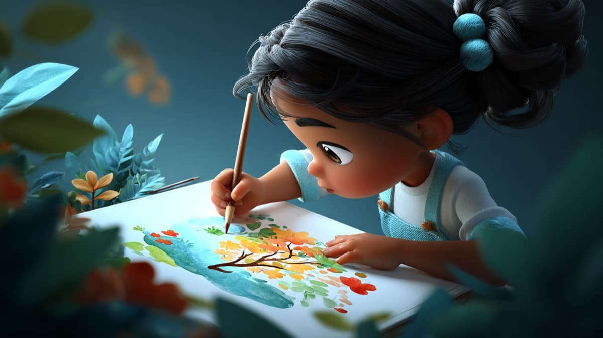 An illustration of a girl drawing a tree on paper with a pencil