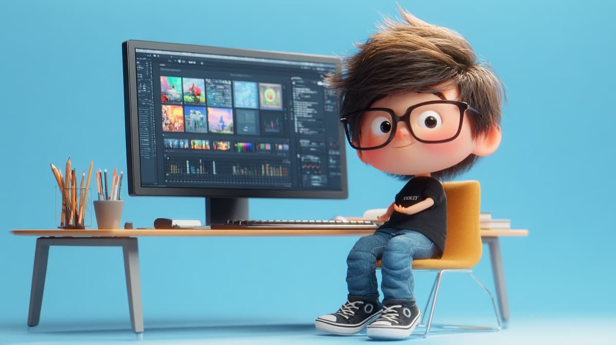 An illustration of a boy in glasses at a desk with pencils and a computer