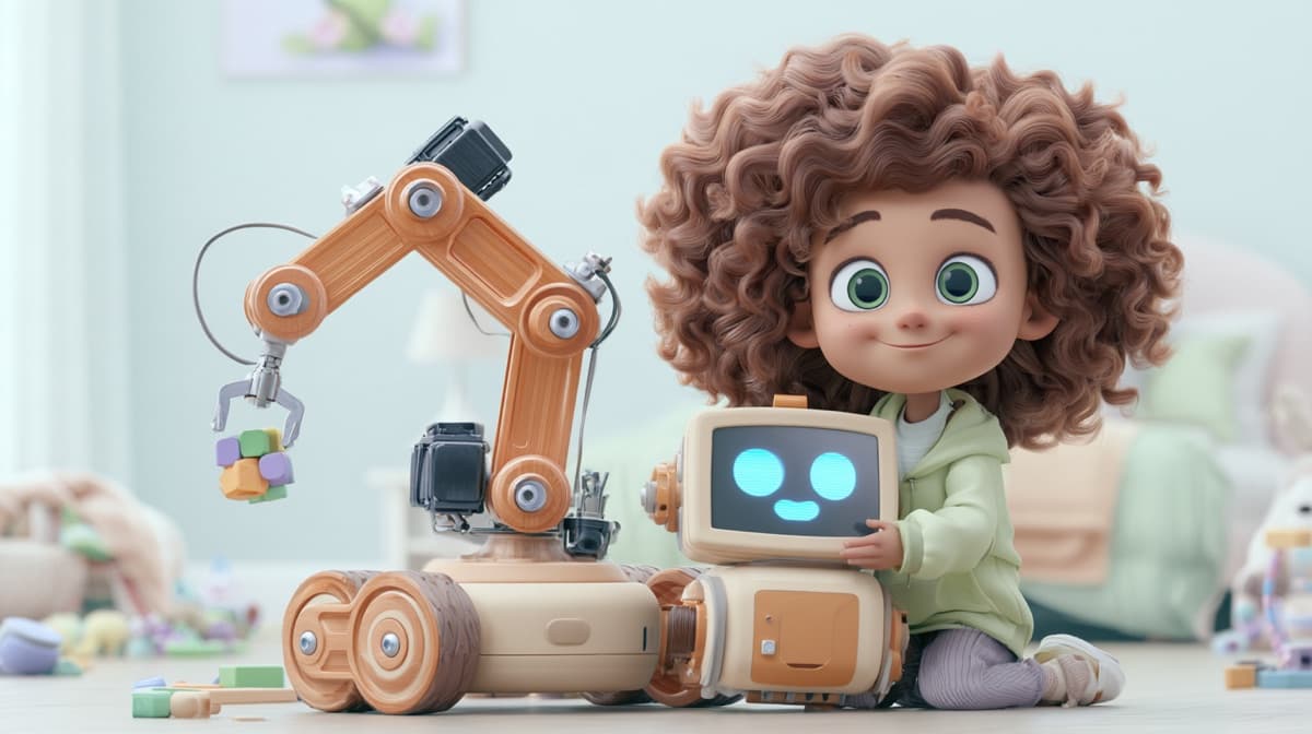 An illustration of a curly-haired kid kneeling on the floor beside a friendly robot with a screen face and a robot arm holding toy blocks