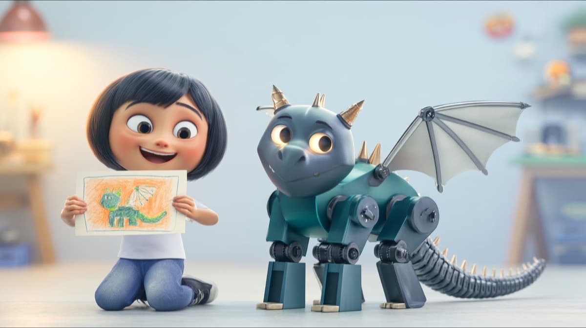 A girl holding up her drawing of a dragon next to the winged dragon robot built from it