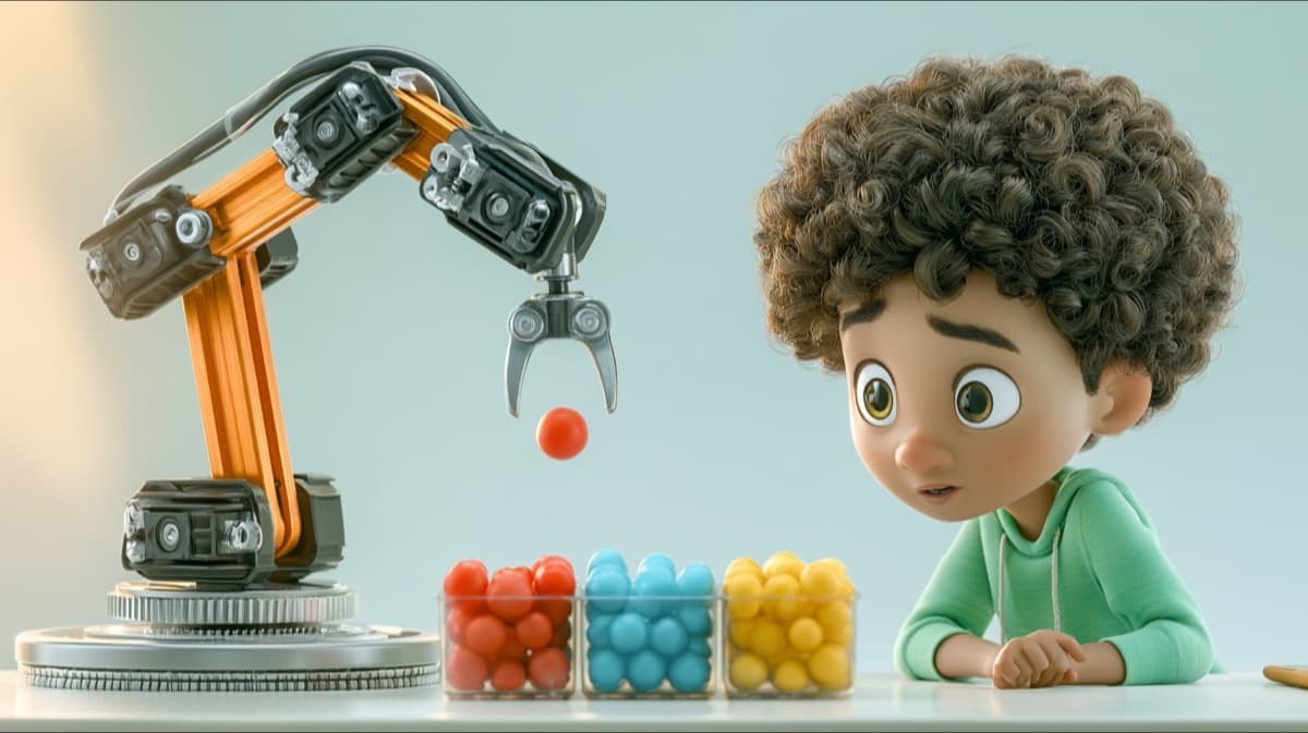A boy watching a robot arm drop a red ball above a row of colored ball bins